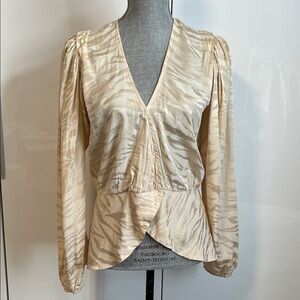 NWOT RONNY KOBO Silk Cream Zebra Print Women's Wrap Blouse, Size M
